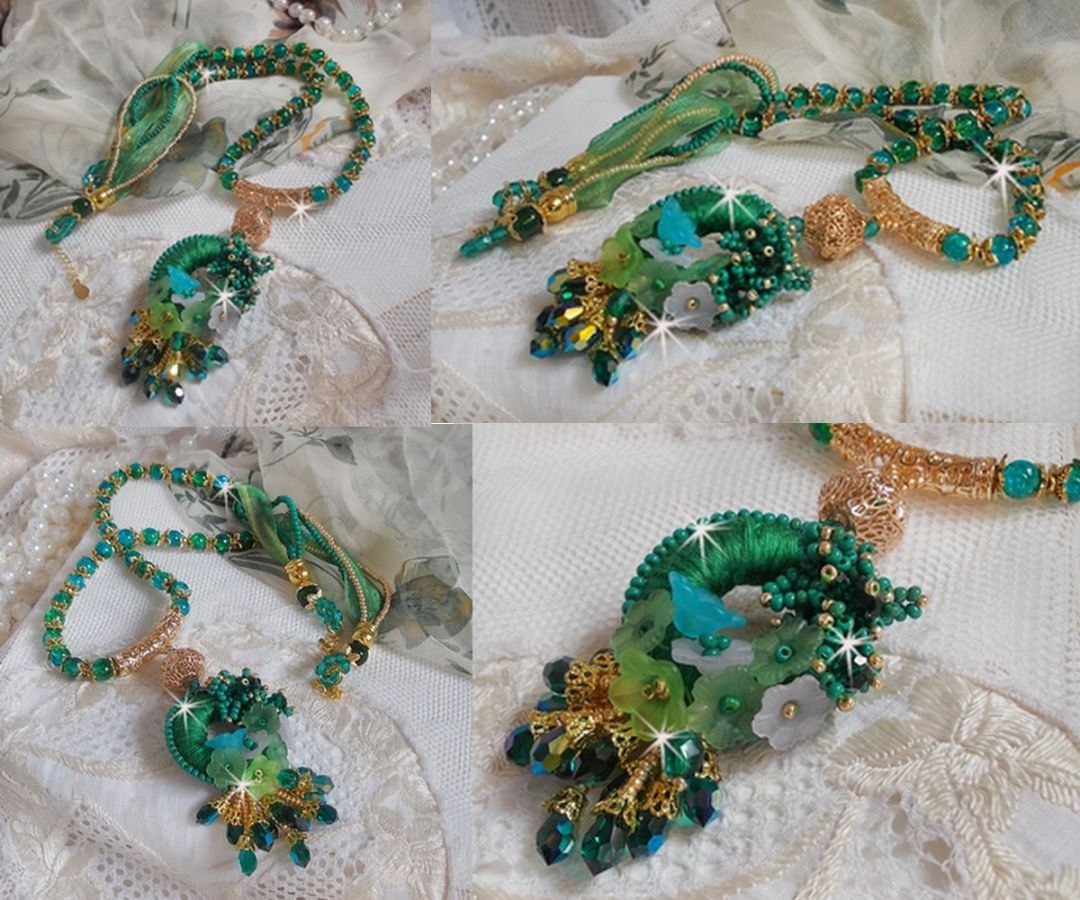 Collier Green Iris brod&eacute; avec du coton DMC Vert sur un anneau en bois avec fleurs Lucites, gouttes en cristal. Le tout est mont&eacute; avec perles rondes craquel&eacute;es, ruban organza et fermoir en argent 925