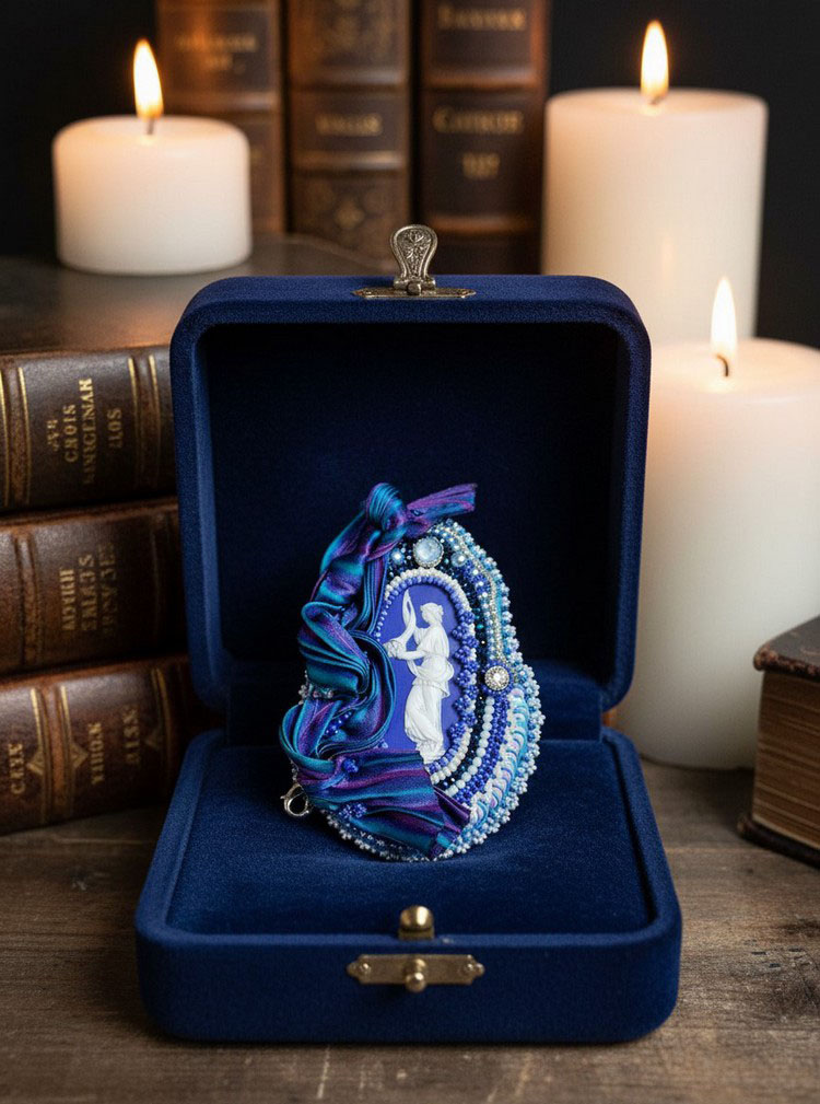 Pendentif Corne d'Abondance brodé dans son écrin bleu velours.
