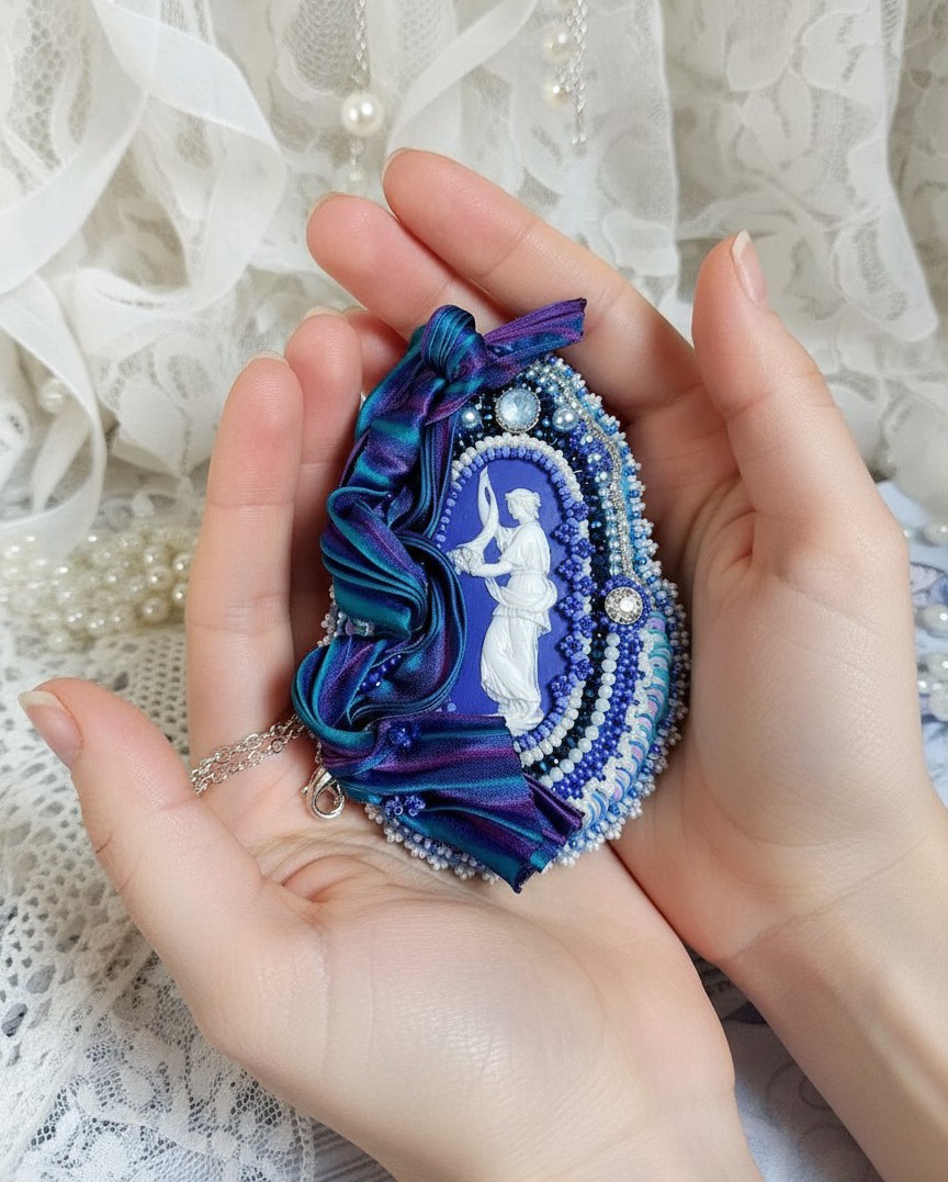 Pendentif brodé Corne d'Abondance avec cabochon en porcelaine bleue.
