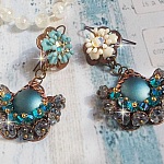 BO Lou Petrol cr&eacute;&eacute;es avec cristaux de Swarovski, perles en verre et fleurs &eacute;poxy 