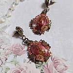 BO Pampelone Fuchsia avec cabochons ovales aux feuilles d&rsquo;or, strass, cristaux, Roses, breloques papillons, estampes et clous d&rsquo;oreilles en m&eacute;tal bronze