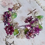 Bracelet Valentine Rose avec fleurs, perles et feuilles acryliques, gouttes, perles de gemme et bracelet argent&eacute; m&eacute;tal
