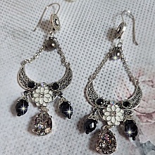 BO Bohochic argent&eacute;es et Noir cr&eacute;es avec des cabochons poire en cristal, breloque &eacute;poxy, poires en verre sur des crochets d'oreilles en argent 925