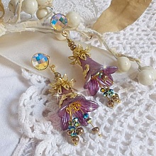 BO Lisi&egrave;re de For&ecirc;t Fleurie avec des cabochons en Cristal de Swarovski mont&eacute;s sur clous d&rsquo;oreilles en Laiton. Les toupies illuminent les breloques dentelles, coupelles, c&ocirc;nes et perles