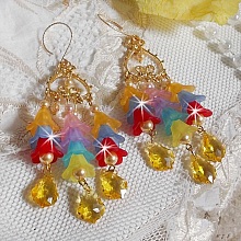 BO Garden Flowers mont&eacute;es avec des gouttes, perles rondes nacr&eacute;es en Cristal, fleurs lucites, perles en Verre sur crochets diamant&eacute;es en Gold Filled 14 carats